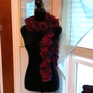 60" knit lace scarf ombre shades of cranberry with silver sparkle